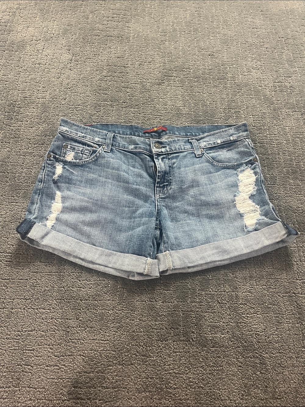 7 For All Mankind Light Blue Distressed Jean Shorts